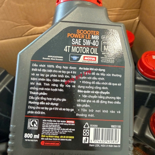 nhớt xe tay ga MOTUL SCOOTER POWER LE 4T 5W40, API SP, JASO MB, 100% tổng hợp, chính hãng