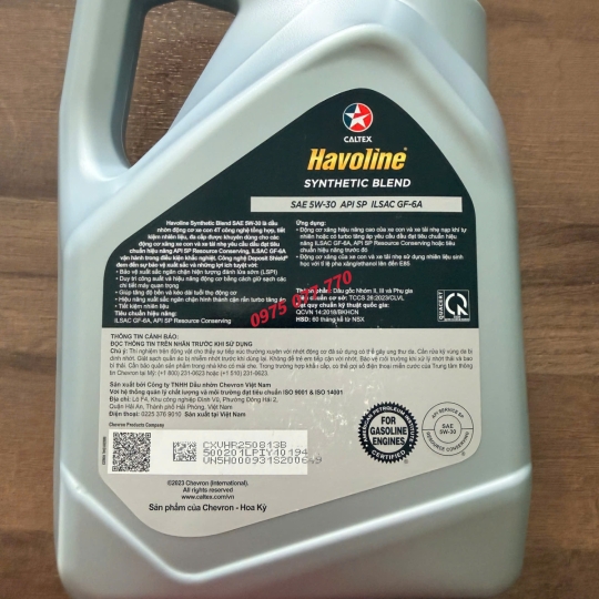 nhớt Havoline Caltex ô tô Synthetic Blend 5W30 4L , chuyên động cơ xăng ,công nghệ tổng hợp, API SP
