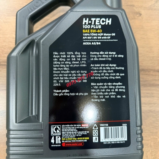 nhớt motul ô tô HTECH 100 PLUS 5W40 4L, API SQ/CF,  OEMs, 100% tổng hợp, chính hãng